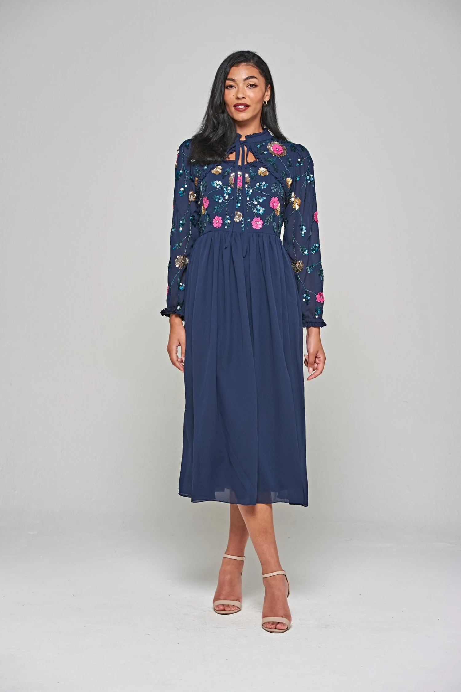 Marette Navy Floral Embellished Midi Dress 4 Marette Navy Floral Embellished Midi Dress - Image 4