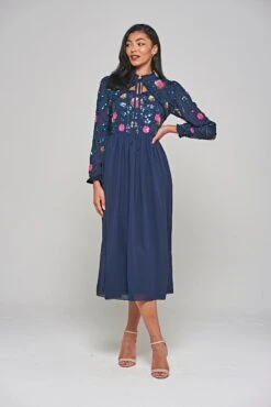 Marette Navy Floral Embellished Midi Dress