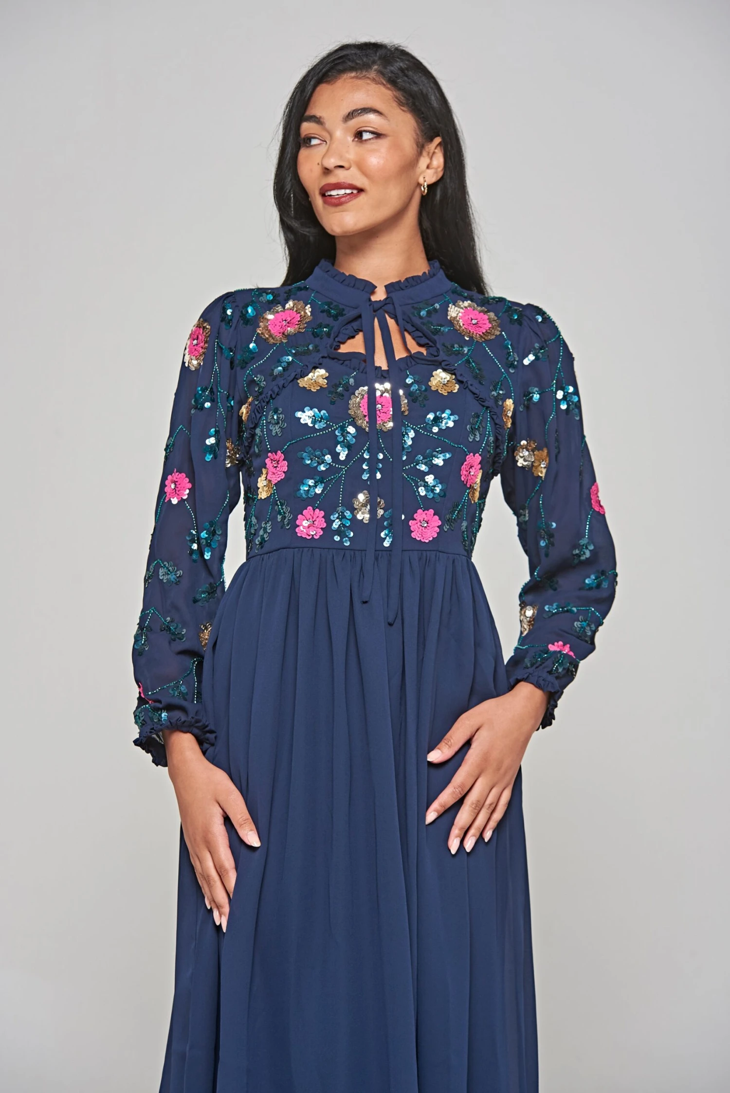 Marette Navy Floral Embellished Midi Dress 5 Marette Navy Floral Embellished Midi Dress - Image 5