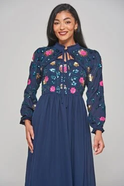 Marette Navy Floral Embellished Midi Dress 12 Marette Navy Floral Embellished Midi Dress -Frock And Frill US Marette Navy Floral Embellished Midi Dress 9