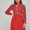 Marette Red Floral Embellished Midi Dress