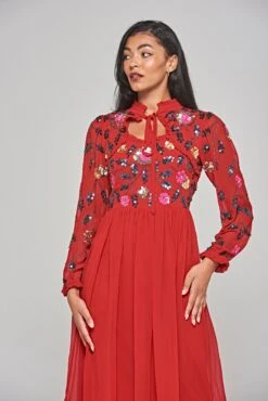 Marette Red Floral Embellished Midi Dress -Frock And Frill US Marette Red Floral Embellished Midi Dress 11