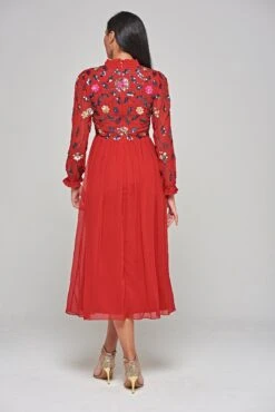 Marette Red Floral Embellished Midi Dress -Frock And Frill US Marette Red Floral Embellished Midi Dress 12