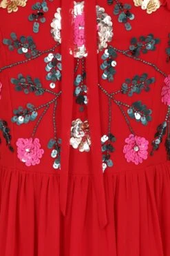 Marette Red Floral Embellished Midi Dress -Frock And Frill US Marette Red Floral Embellished Midi Dress 3