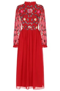 Marette Red Floral Embellished Midi Dress -Frock And Frill US Marette Red Floral Embellished Midi Dress 4