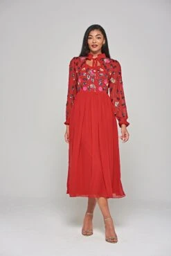 Marette Red Floral Embellished Midi Dress -Frock And Frill US Marette Red Floral Embellished Midi Dress 8