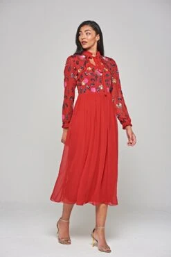 Marette Red Floral Embellished Midi Dress -Frock And Frill US Marette Red Floral Embellished Midi Dress 9