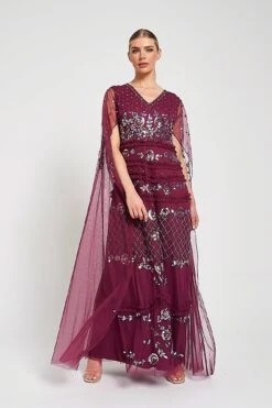 Marilla Embellished Cape Sleeve Maxi Dress -Frock And Frill US Marilla Berry Embellished Maxi Dress 2