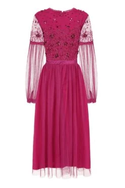Martha Embellished Bodice Midi Dress -Frock And Frill US Martha Magenta Embellished Midi Dress 4