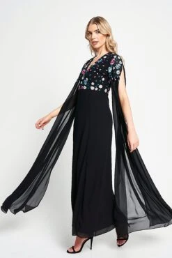 Mayra Black Floral Embroidered Cape Sleeve Maxi Dress -Frock And Frill US Mayra Black Floral Cape Maxi Dress 7