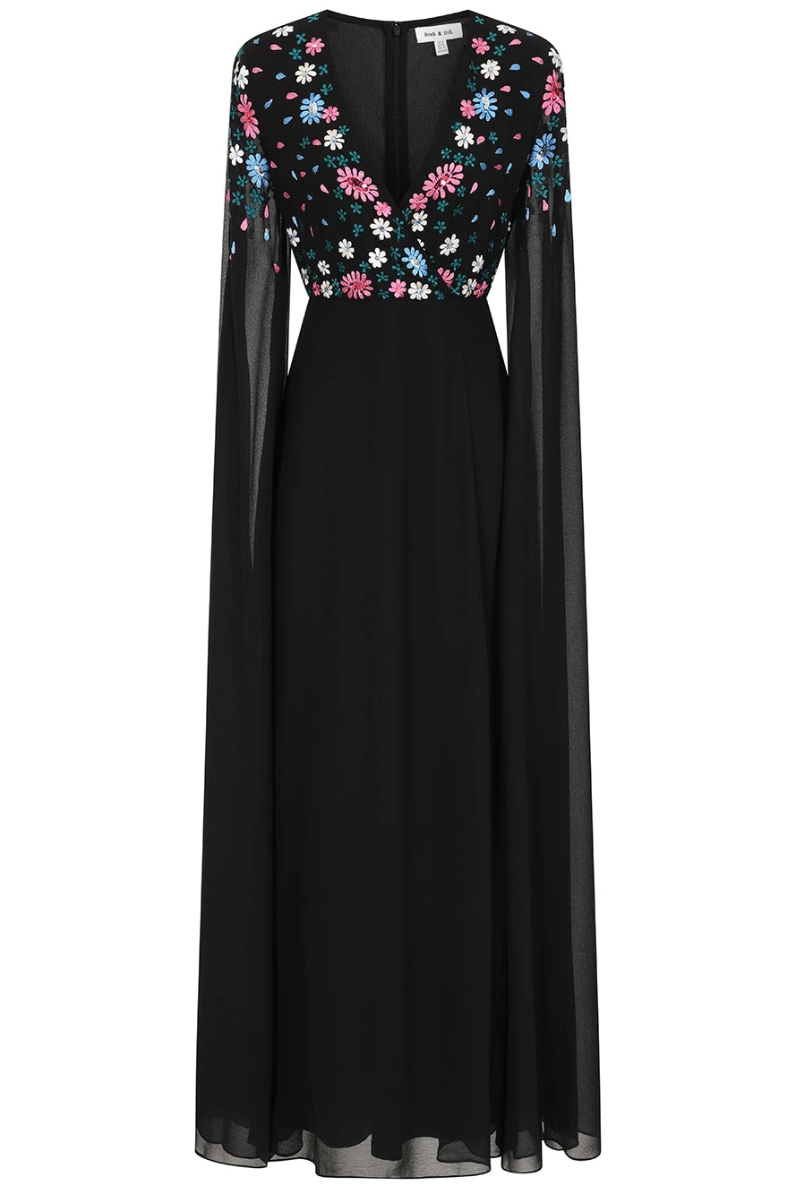 Mayra Black Floral Embroidered Cape Sleeve Maxi Dress - Image 2