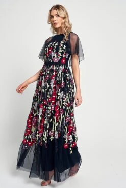 Meadow Navy Floral Embroidered Maxi Dress -Frock And Frill US Meadow Navy Floral Embroidered Maxi Dress 11