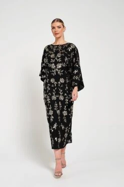 Melantha Black Floral Embellished Midaxi Dress -Frock And Frill US Melantha Black Gold Embellished Midaxi Dress 2