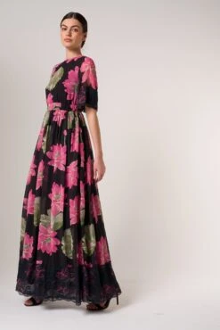 Milena Black Floral Print Maxi Dress -Frock And Frill US Milena Black Pink Floral Print Maxi Dress 15