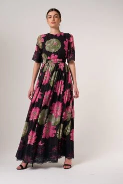 Milena Black Floral Print Maxi Dress -Frock And Frill US Milena Black Pink Floral Print Maxi Dress 16