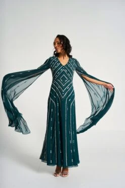 Myrtha Green Embellished Cape Sleeve Maxi Dress -Frock And Frill US Myrtha Green Embellished Maxi Dress 10