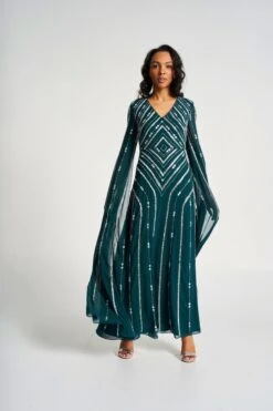 Myrtha Green Embellished Cape Sleeve Maxi Dress -Frock And Frill US Myrtha Green Embellished Maxi Dress 5