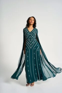Myrtha Green Embellished Cape Sleeve Maxi Dress -Frock And Frill US Myrtha Green Embellished Maxi Dress 9
