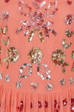 Myrtle Coral Floral Embellished Midi Dress -Frock And Frill US Myrtle Coral Embellished Midi Dress 3