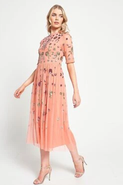 Myrtle Coral Floral Embellished Midi Dress -Frock And Frill US Myrtle Coral Embellished Midi Dress 3