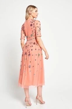 Myrtle Coral Floral Embellished Midi Dress -Frock And Frill US Myrtle Coral Embellished Midi Dress 4