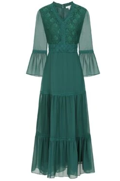 Nerina Alpine Green Tiered Midaxi Dress With Lace Panels -Frock And Frill US Nerina Green Midi Dress 9