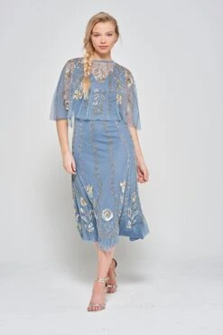 Orinda Embellished Midi Dress With Cape -Frock And Frill US Orinda Blue Embellished Midi Dress. 2