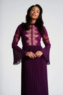 Prunella Purple Lace Detail Maxi Dress With Pleated Skirt -Frock And Frill US Prunella Purple Maxi Dress 12