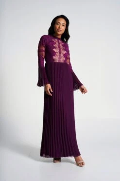 Prunella Purple Lace Detail Maxi Dress With Pleated Skirt -Frock And Frill US Prunella Purple Maxi Dress 13