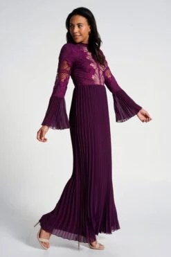 Prunella Purple Lace Detail Maxi Dress With Pleated Skirt