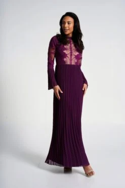 Prunella Purple Lace Detail Maxi Dress With Pleated Skirt -Frock And Frill US Prunella Purple Maxi Dress 9