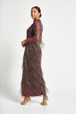 Rhoda Purple Maxi Dress With Beaded Fringing -Frock And Frill US Rhoda Purple Beaded Fringe Maxi Dress 1