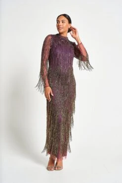 Rhoda Purple Maxi Dress With Beaded Fringing -Frock And Frill US Rhoda Purple Beaded Fringe Maxi Dress 3
