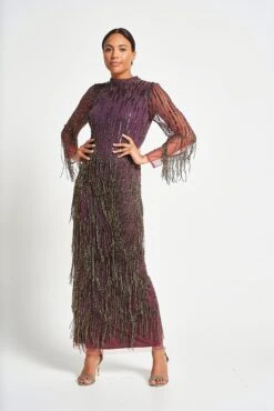 Rhoda Purple Maxi Dress With Beaded Fringing -Frock And Frill US Rhoda Purple Beaded Fringe Maxi Dress 5