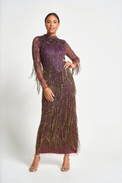 Rhoda Purple Maxi Dress With Beaded Fringing -Frock And Frill US Rhoda Purple Beaded Fringe Maxi Dress 6