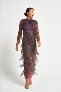 Rhoda Purple Maxi Dress With Beaded Fringing -Frock And Frill US Rhoda Purple Beaded Fringe Maxi Dress 7