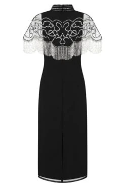 Ridley Black Beaded Fringe Cape Sleeve Midi Dress -Frock And Frill US Ridley Black Embellished Midi Dress 4