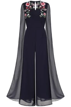 Rue Navy Floral Embroidered Cape Sleeve Jumpsuit -Frock And Frill US Rue Navy Floral Jumpsuit 4