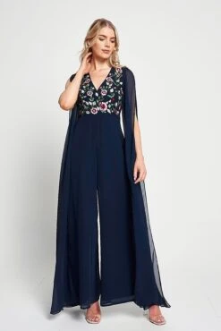 Rue Navy Floral Embroidered Cape Sleeve Jumpsuit -Frock And Frill US Rue Navy Floral Jumpsuit . 3