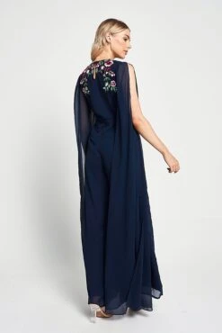 Rue Navy Floral Embroidered Cape Sleeve Jumpsuit -Frock And Frill US Rue Navy Floral Jumpsuit . 9