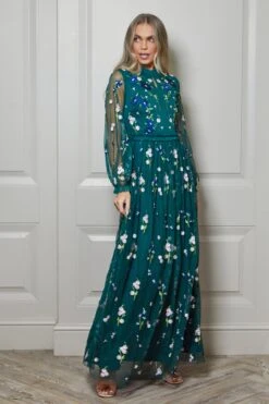 Rydia Alpine Green Floral Embroidered Maxi Dress