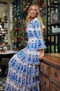 Elodea White And Blue Embroidered Tiered Maxi Dress