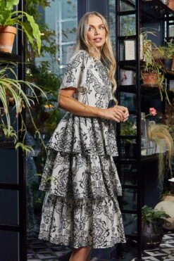 Zariah Off White Embroidered Tiered Midi Dress -Frock And Frill US SS3 21269