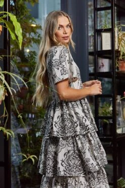 Zariah Off White Embroidered Tiered Midi Dress -Frock And Frill US SS3 21274