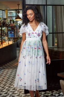 Suzette White Floral Embroidered Midi Dress -Frock And Frill US SS3 21426