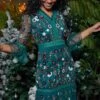Ria Alpine Green Floral Sequin Midi Dress
