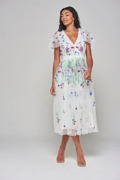 Suzette White Floral Embroidered Midi Dress -Frock And Frill US Suzette White Floral Embroidered Midi Dress 1