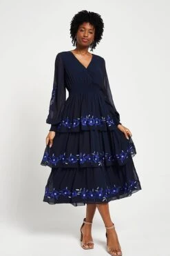 Tamsin Navy Floral Embroidered Midi Dress With Tiered Skirt -Frock And Frill US Tamsin Navy Floral Embroidered Midi Dress 11