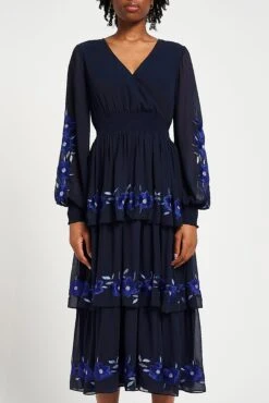 Tamsin Navy Floral Embroidered Midi Dress With Tiered Skirt -Frock And Frill US Tamsin Navy Floral Embroidered Midi Dress 20