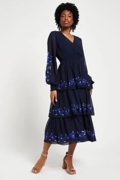 Tamsin Navy Floral Embroidered Midi Dress With Tiered Skirt -Frock And Frill US Tamsin Navy Floral Embroidered Midi Dress 4